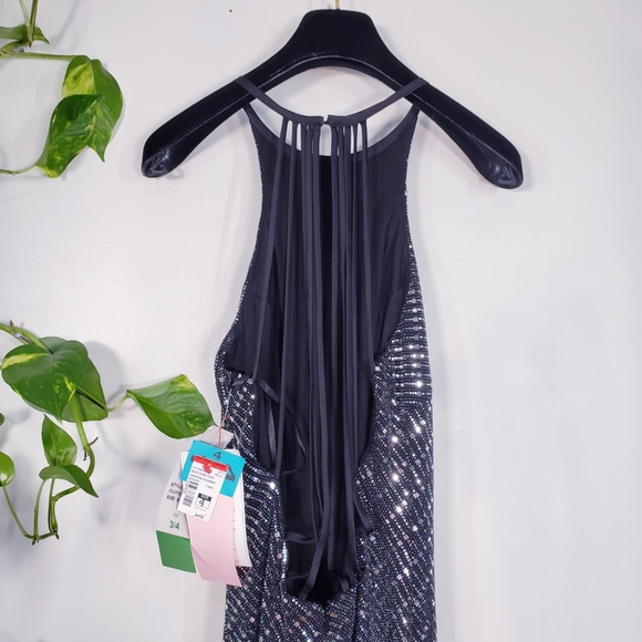 DAVE JOHNNY Dress 4 SMALL Junior Gown Halter Silver Black Maxi Long Bling Mirror - Picture 7 of 13